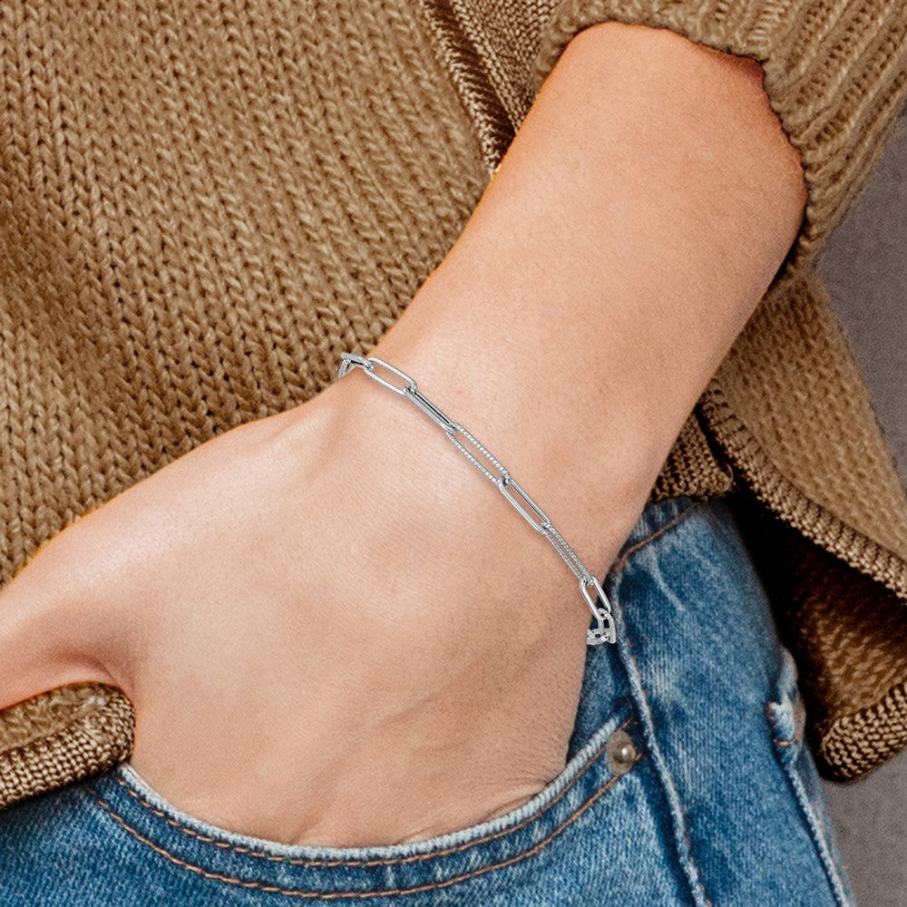 14K White Gold Polished & Textured 3.5mm Paperclip Link 7.5" Bracelet