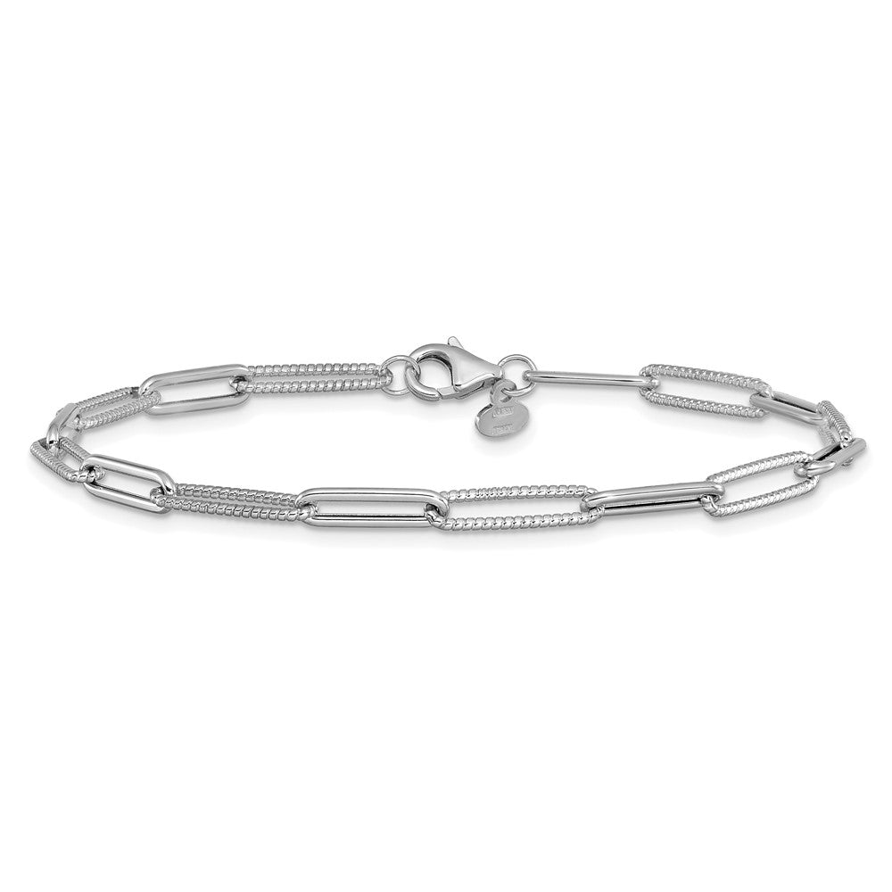 14K White Gold Polished & Textured 3.5mm Paperclip Link 7.5" Bracelet