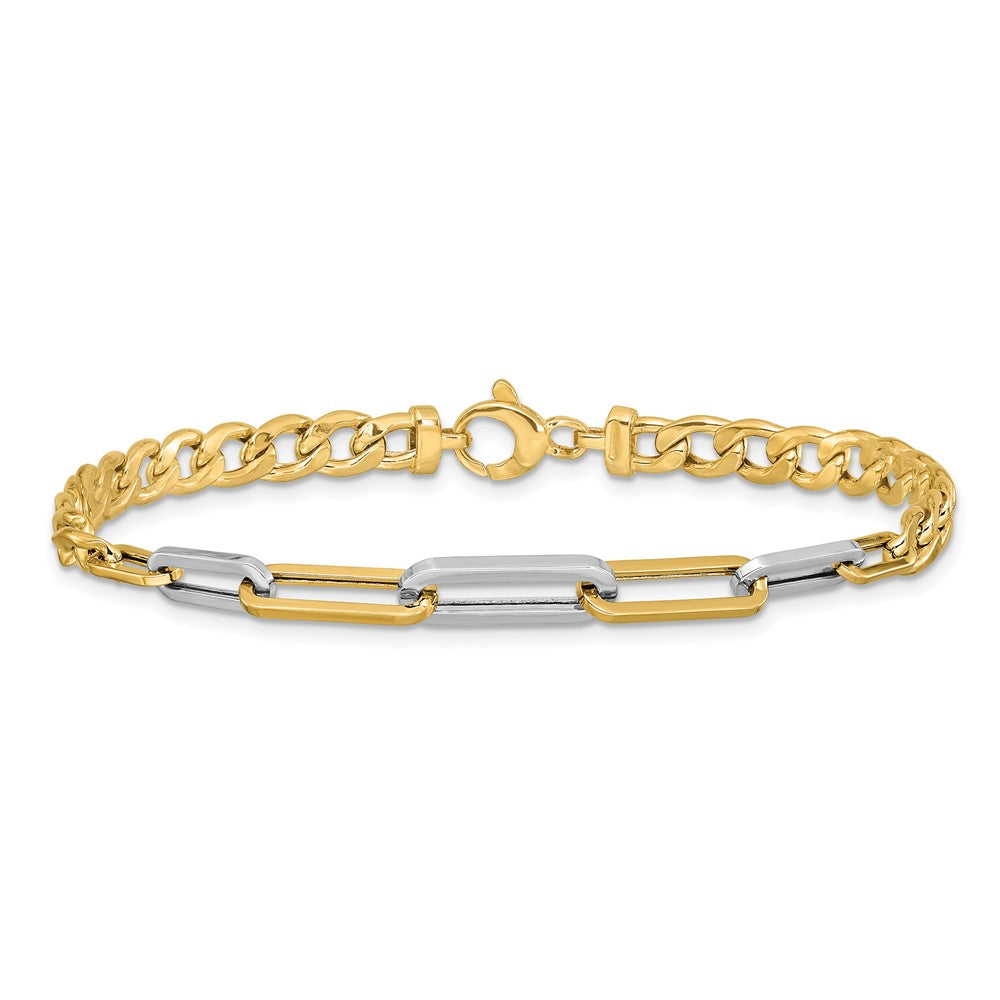 14k Yellow Gold w White RH Polished 5.0mm Curb Link w Paperclip Link Element 7.5" Bracelet