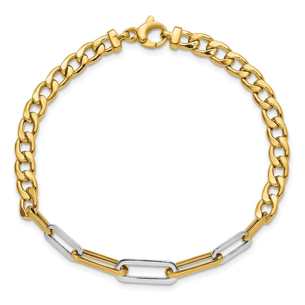 14k Yellow Gold w White RH Polished 5.0mm Curb Link w Paperclip Link Element 7.5" Bracelet