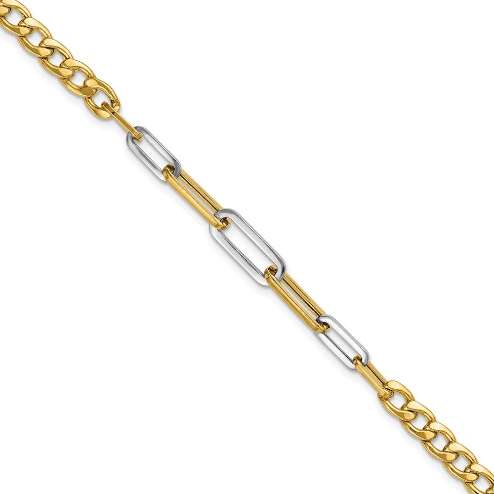 14k Yellow Gold w White RH Polished 5.0mm Curb Link w Paperclip Link Element 7.5" Bracelet