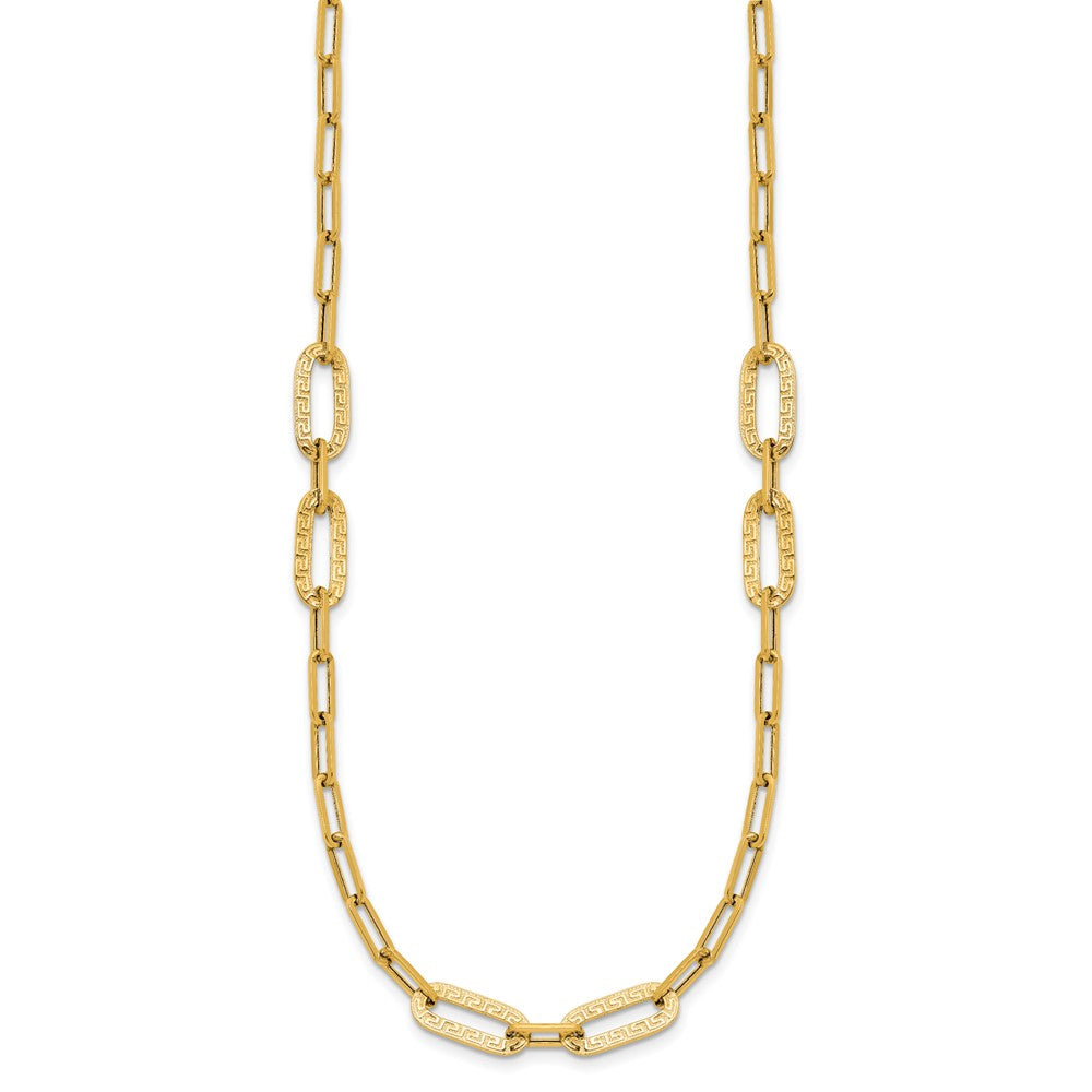 14k Yellow Gold Polished Textured Paperclip Link w Greek Key Link Element 18" Necklace