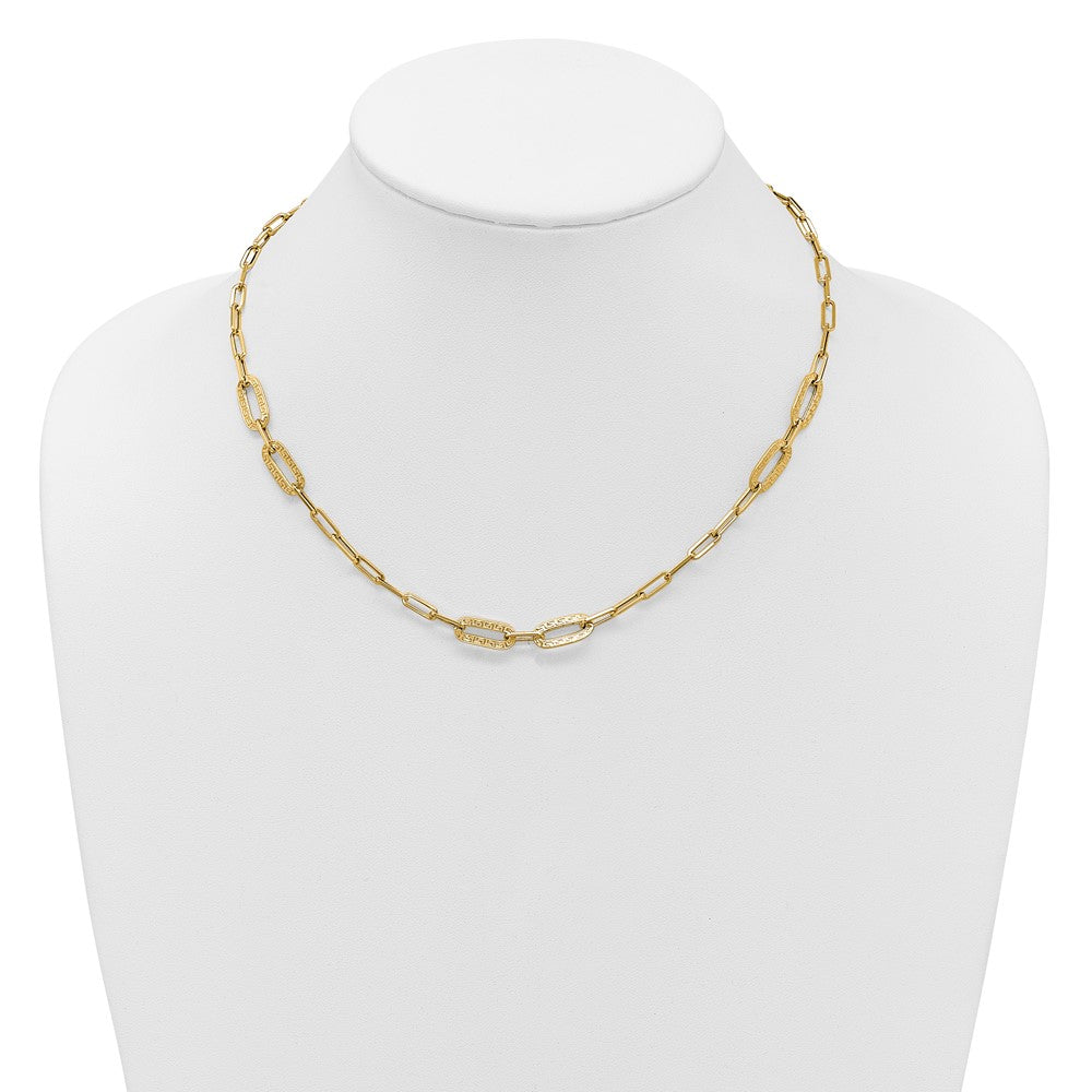 14k Yellow Gold Polished Textured Paperclip Link w Greek Key Link Element 18" Necklace