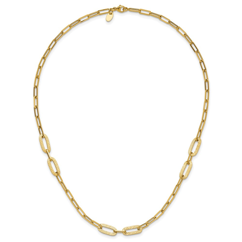 14k Yellow Gold Polished Textured Paperclip Link w Greek Key Link Element 18" Necklace