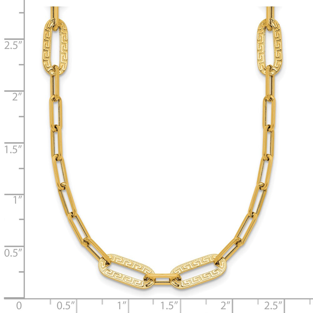 14k Yellow Gold Polished Textured Paperclip Link w Greek Key Link Element 18" Necklace