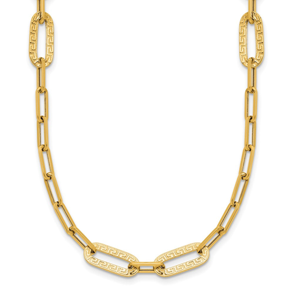 14k Yellow Gold Polished Textured Paperclip Link w Greek Key Link Element 18" Necklace