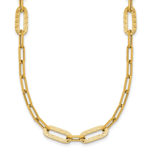 14k Yellow Gold Polished Textured Paperclip Link w Greek Key Link Element 18" Necklace