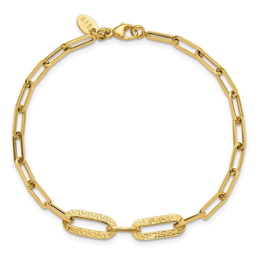 14k Yellow Gold Polished Textured Paperclip Link w Greek Key Link Element 7.5" Bracelet