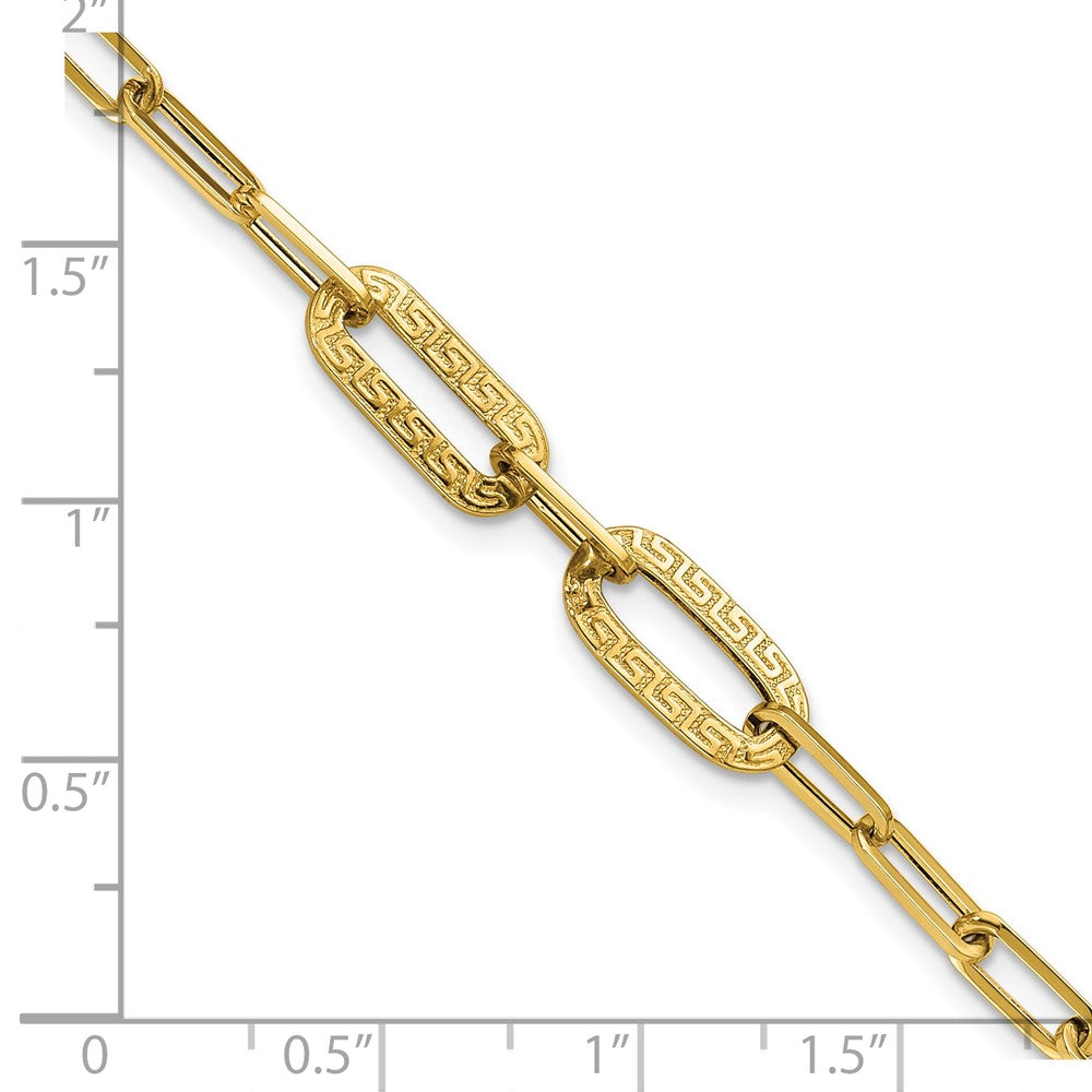 14k Yellow Gold Polished Textured Paperclip Link w Greek Key Link Element 7.5" Bracelet
