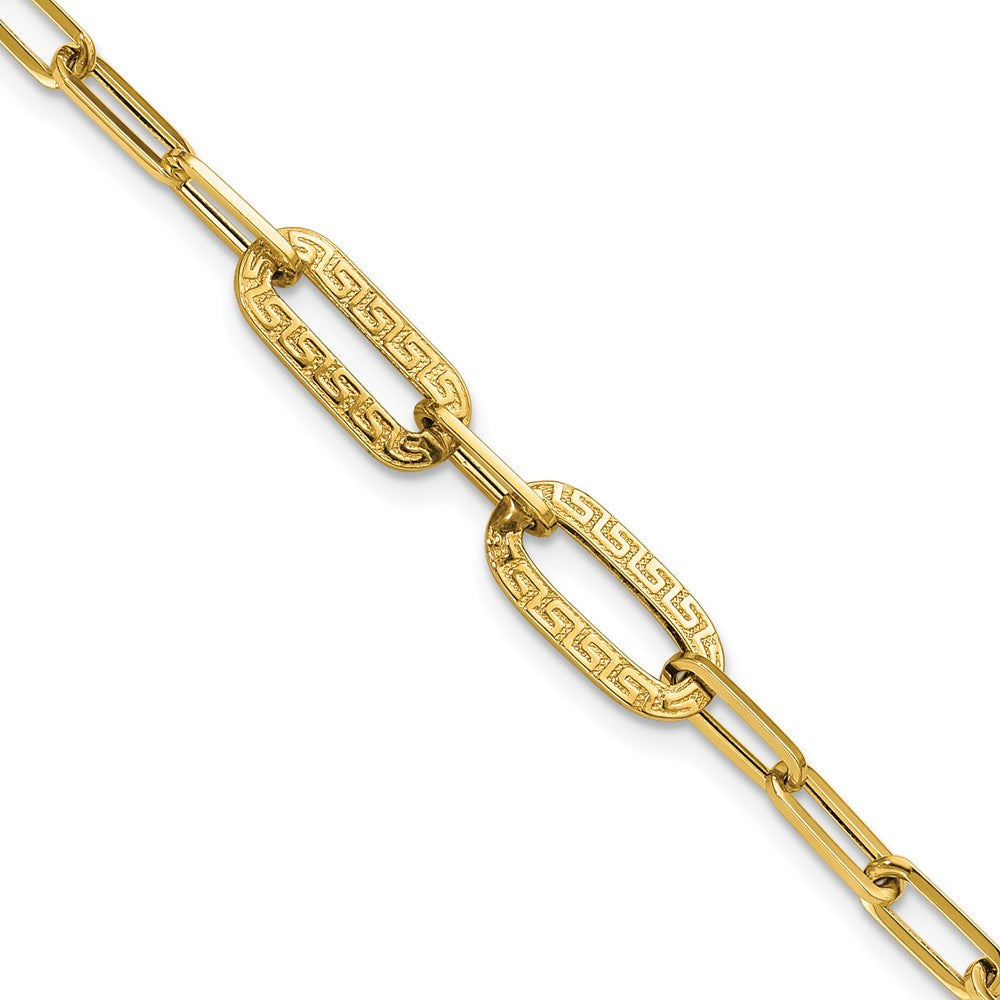 14k Yellow Gold Polished Textured Paperclip Link w Greek Key Link Element 7.5" Bracelet