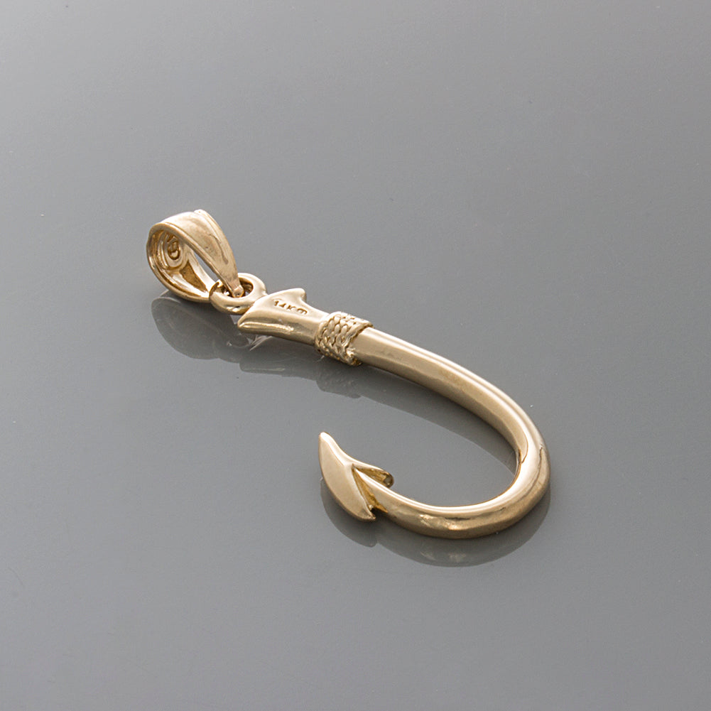 Million Charms 14K Yellow Gold Themed 3-D Fishing Hook Pendant