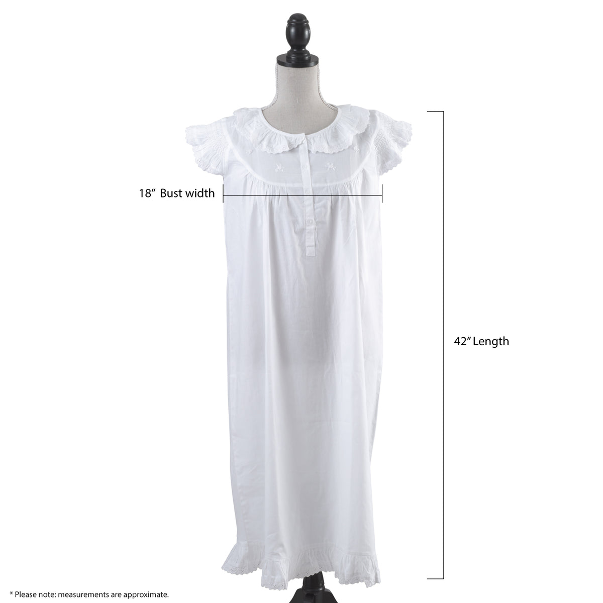 Taleen White 100% Cotton Ruffled Collar and Flutter Sleeved with Lace Trim Maxi Nightgown Nightdress