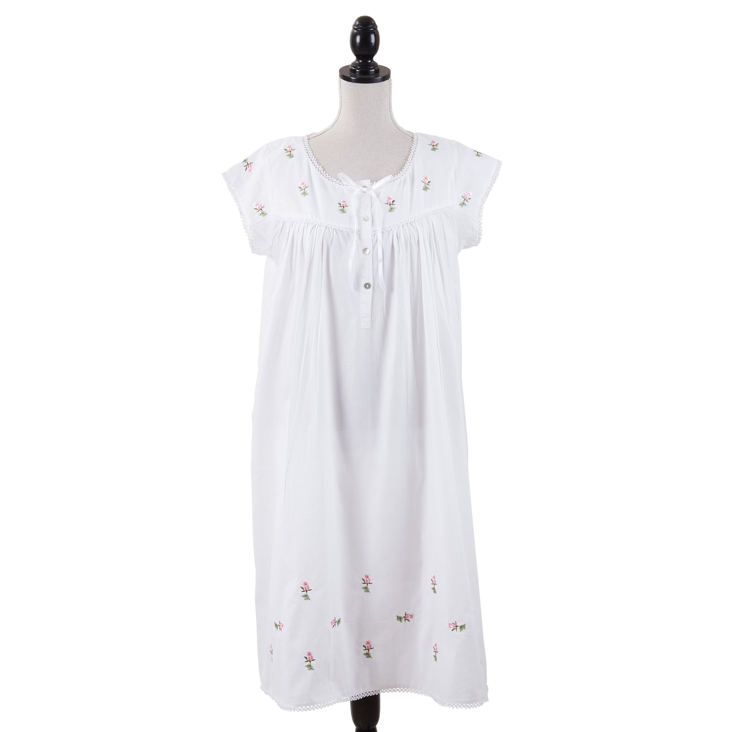 Taleen White 100% Cotton Pink Floral Embroidered Nightgown Nightdress