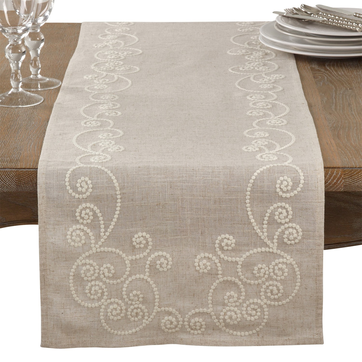 Everyday / All Season Natural Beige Swirl Embroidered Table Runner, 80% polyester - 20% linen