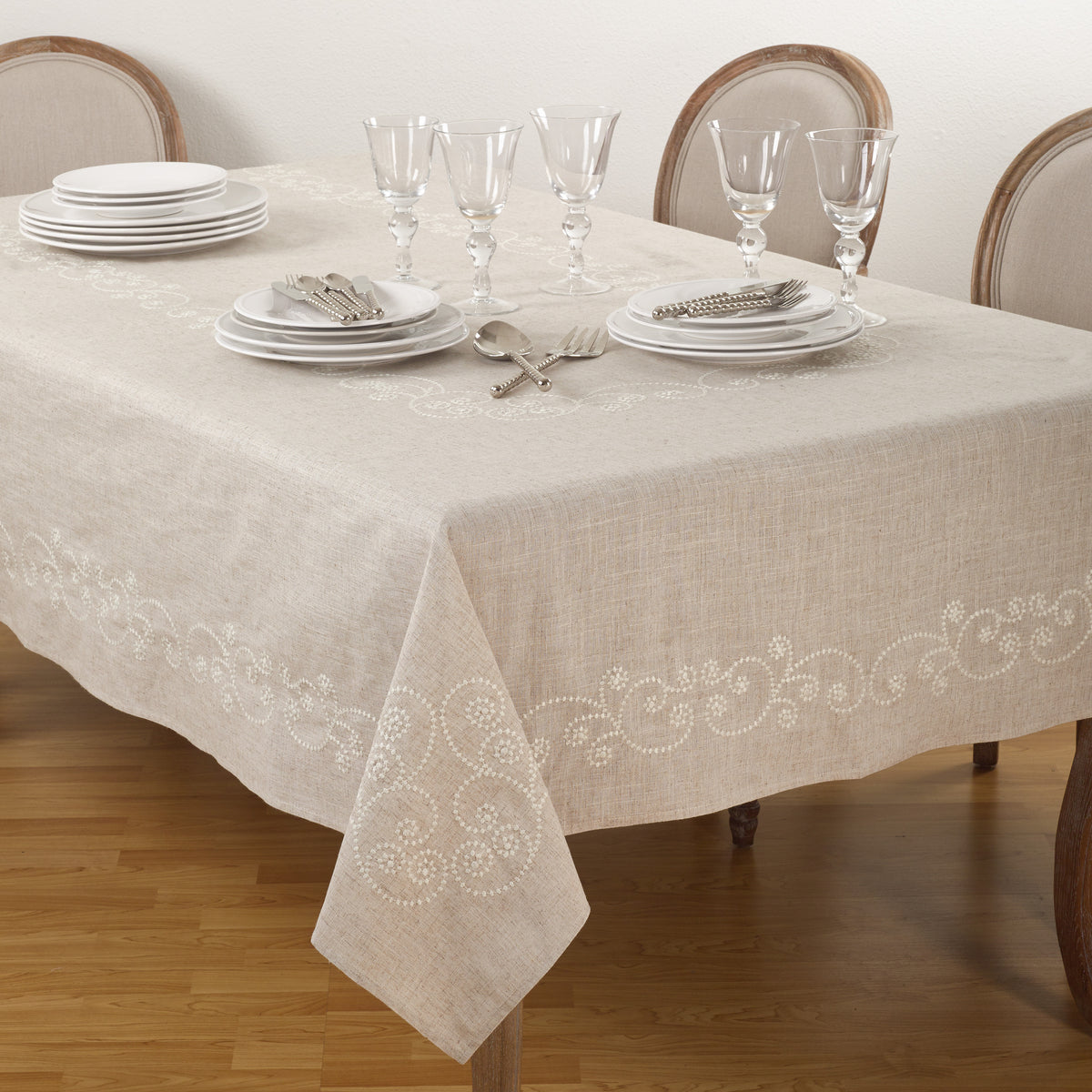 Natural Beige  Swirl Embroidered Tablecloth  80% polyester - 20% linen