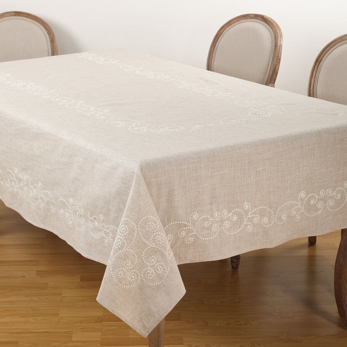 Natural Beige  Swirl Embroidered Tablecloth  80% polyester - 20% linen
