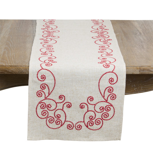 Everyday / All Season Red Swirl Embroidered Table Runner, 80% polyester - 20% linen