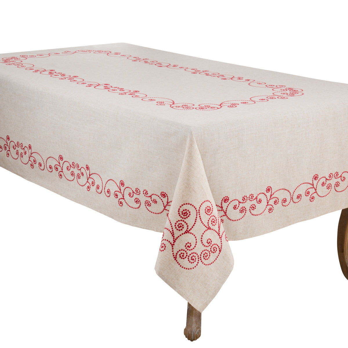 Red  Swirl Embroidered Tablecloth  80% polyester - 20% linen