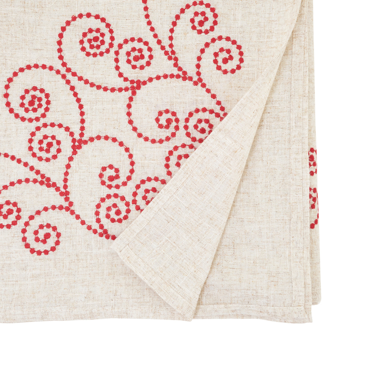 Red  Swirl Embroidered Tablecloth  80% polyester - 20% linen