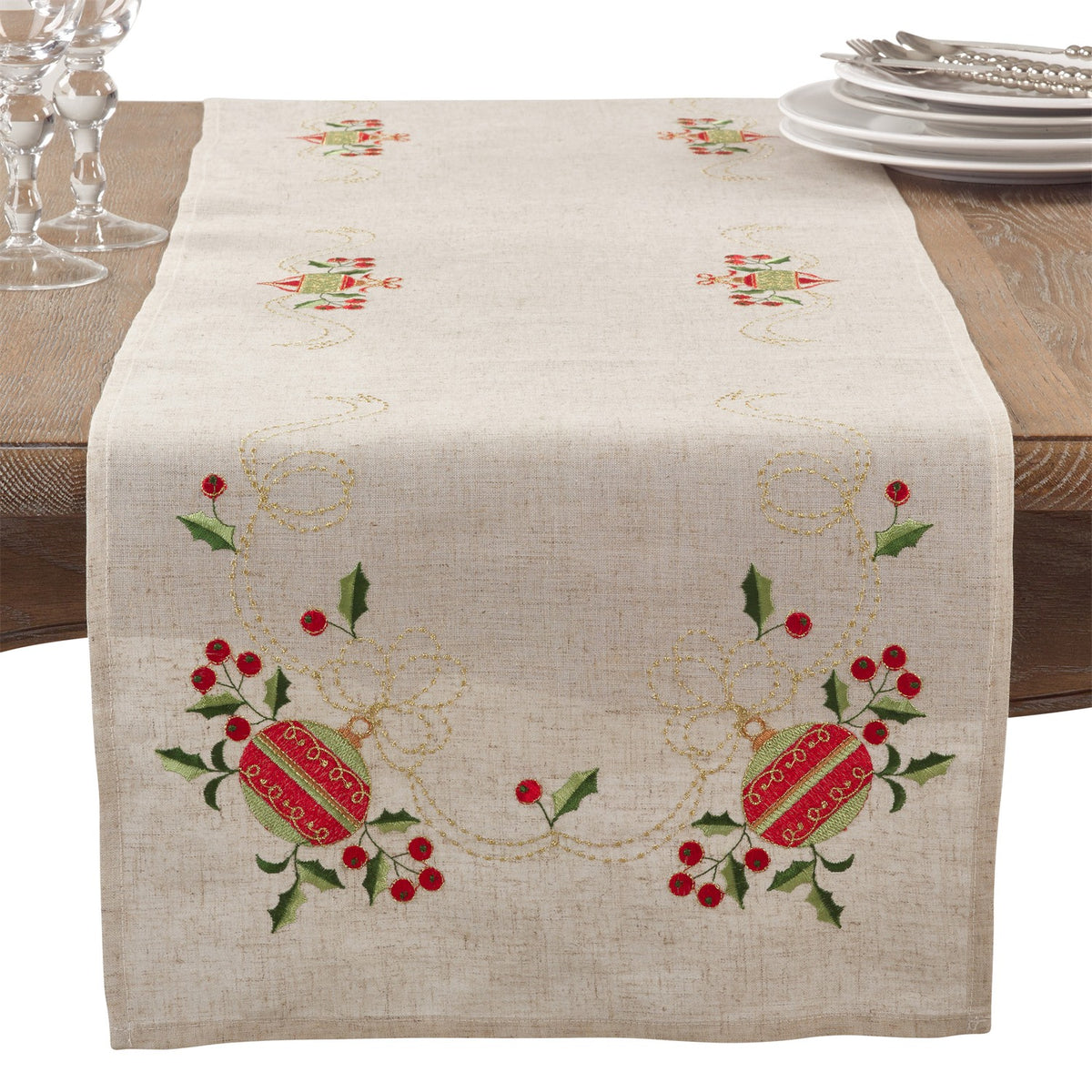 Christmas Natural Beige Embroidered Ornament Table Runner, 80% polyester - 20% linen