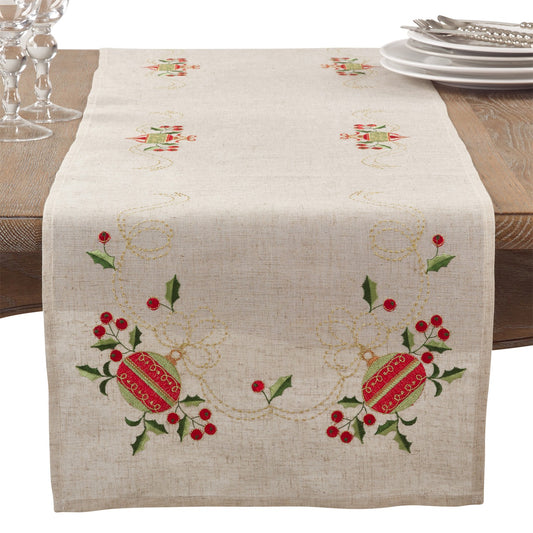 Christmas Natural Beige Embroidered Ornament Table Runner, 80% polyester - 20% linen