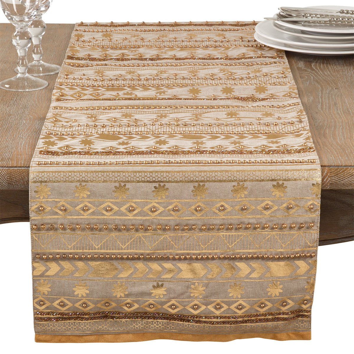 Everyday / All Season Gold Aztec Beaded Table Runner, 100% cotton