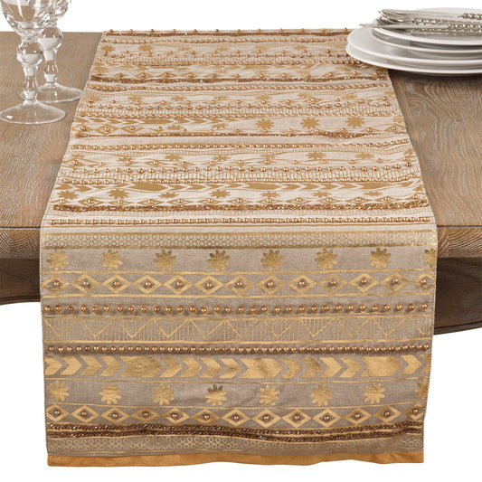 Everyday / All Season Gold Aztec Beaded Table Runner, 100% cotton