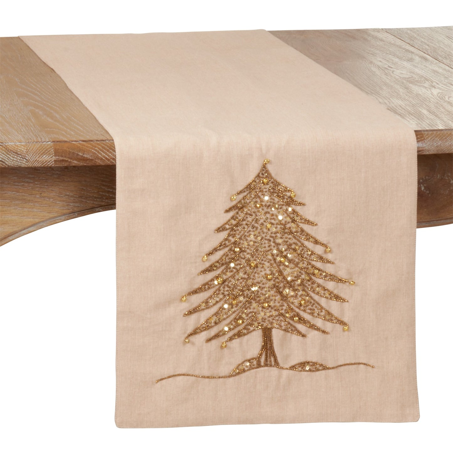 Christmas Gold Beaded Xmas Tree Design Table Runner, 100% cotton