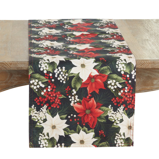 Christmas Multi Poinsettia and Berries Table Runner, 100% Polyester