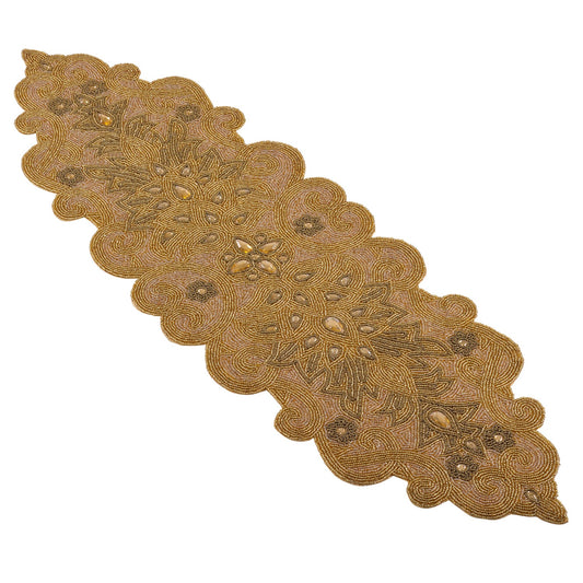 Everyday / All Season Gold Beaded Scroll Motif Table Runner, 100% polyester