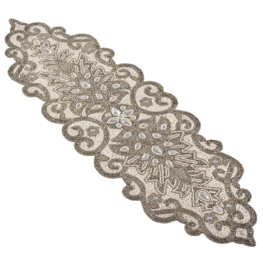 Everyday / All Season Silver Beaded Scroll Motif Table Runner, 100% polyester