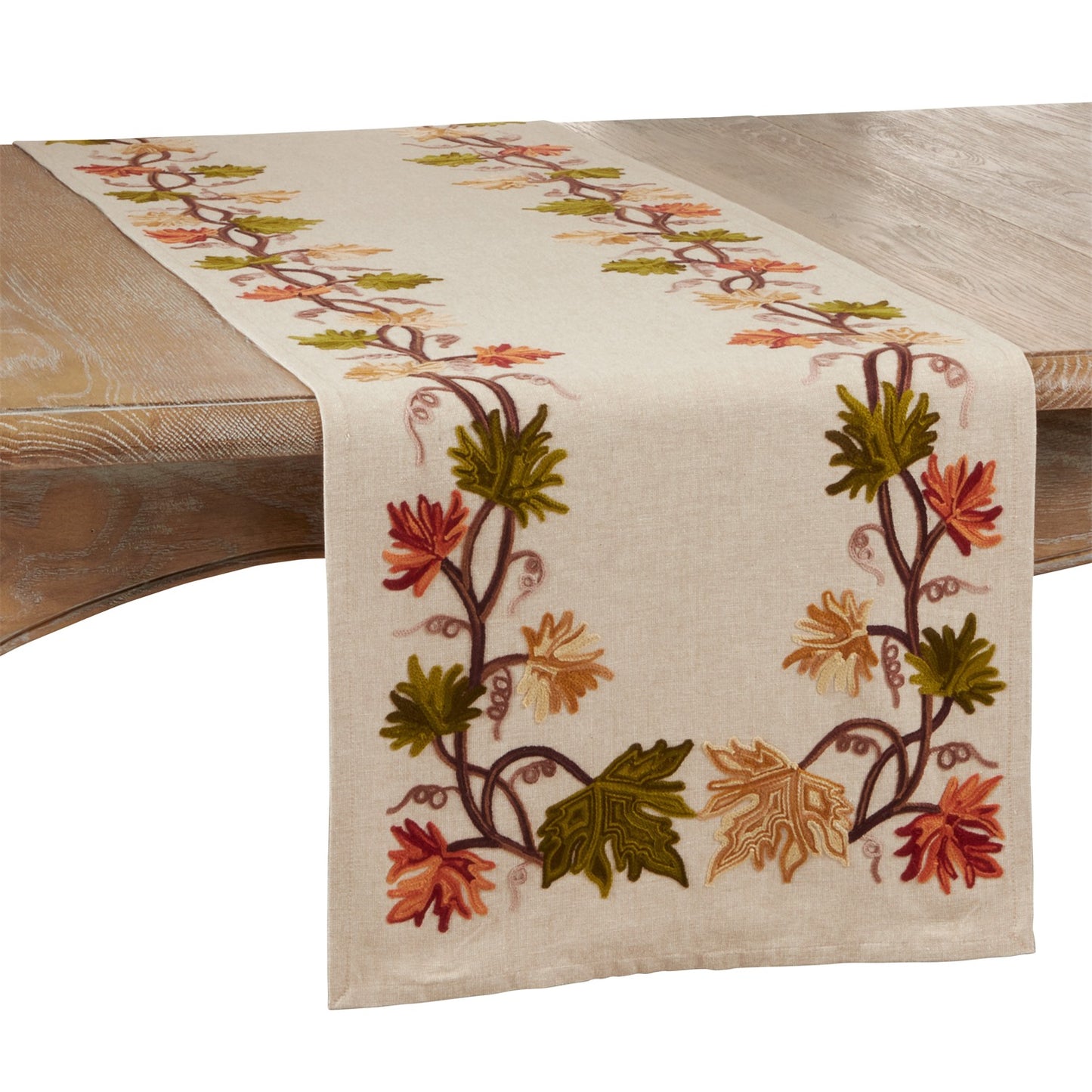 Thanksgiving / Fall Harvest Natural Beige Embroidered Fall Leaf Table Runner, 100% cotton