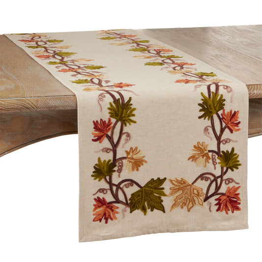 Thanksgiving / Fall Harvest Natural Beige Embroidered Fall Leaf Table Runner, 100% cotton