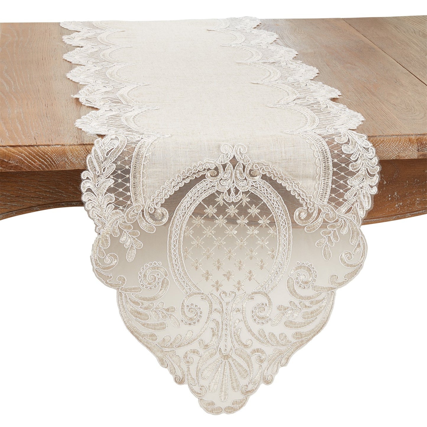 Everyday / All Season Natural Beige Embroidered Lace Table Runner, base:80% polyester, 20% linen, lace: 100% polyester