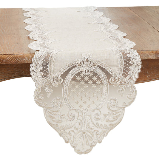 Everyday / All Season Natural Beige Embroidered Lace Table Runner, base:80% polyester, 20% linen, lace: 100% polyester