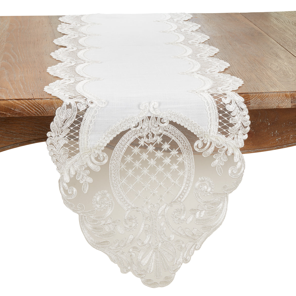 Everyday / All Season White Embroidered Lace Table Runner, 100% Polyester