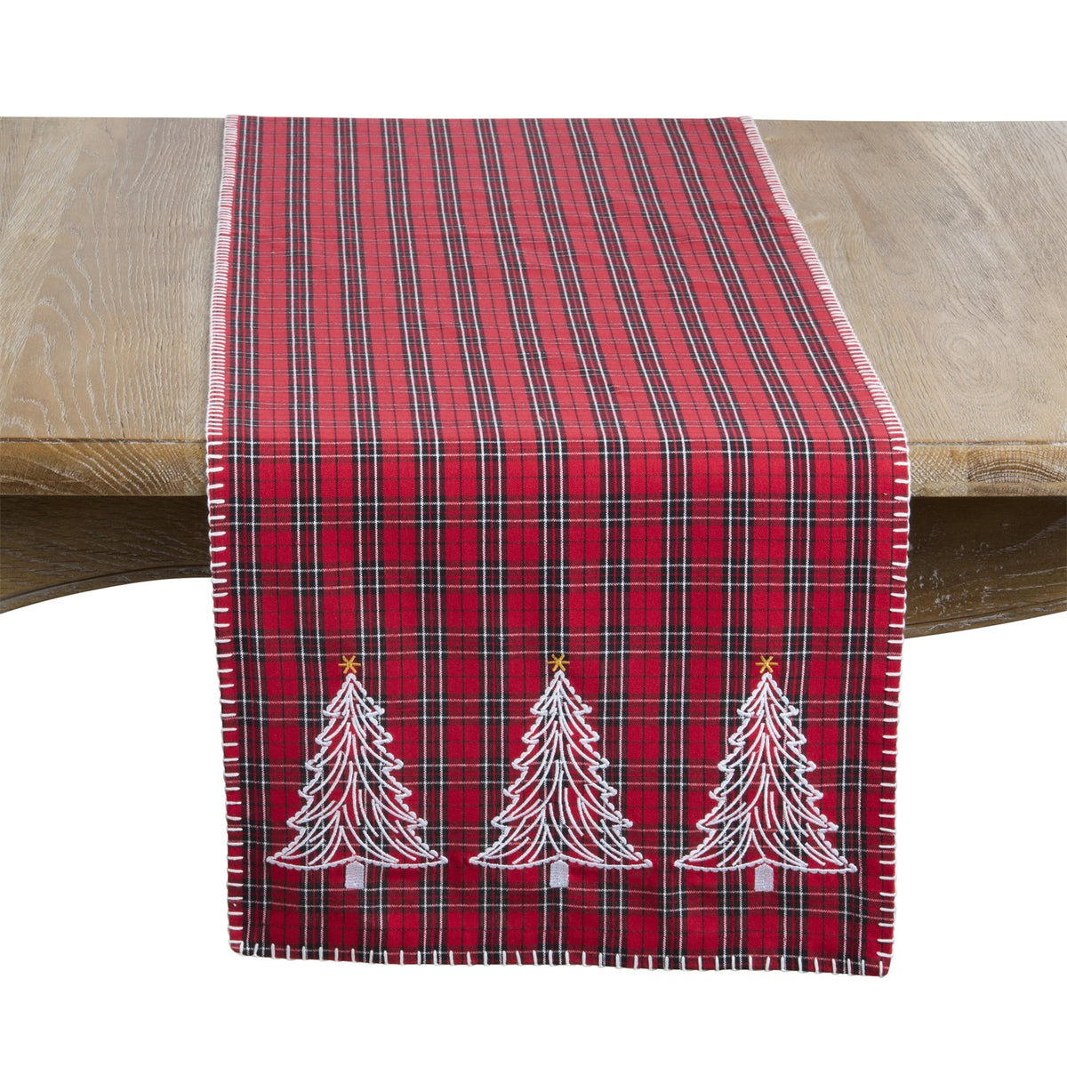 Christmas Red Plaid Christmas Trees Whipstitch Table Runner, 100% Cotton