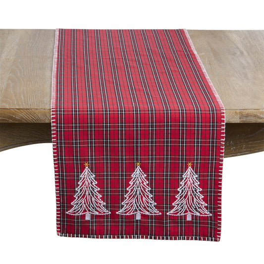 Christmas Red Plaid Christmas Trees Whipstitch Table Runner, 100% Cotton