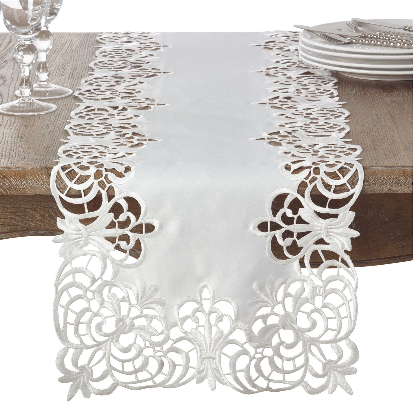 Everyday / All Season Ivory Off-White Cutwork Design Table Runner, 100% Polyester