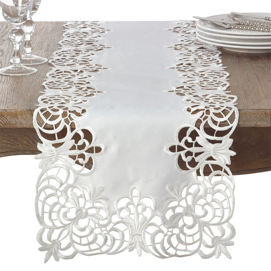 Everyday / All Season Ivory Off-White Cutwork Design Table Runner, 100% Polyester