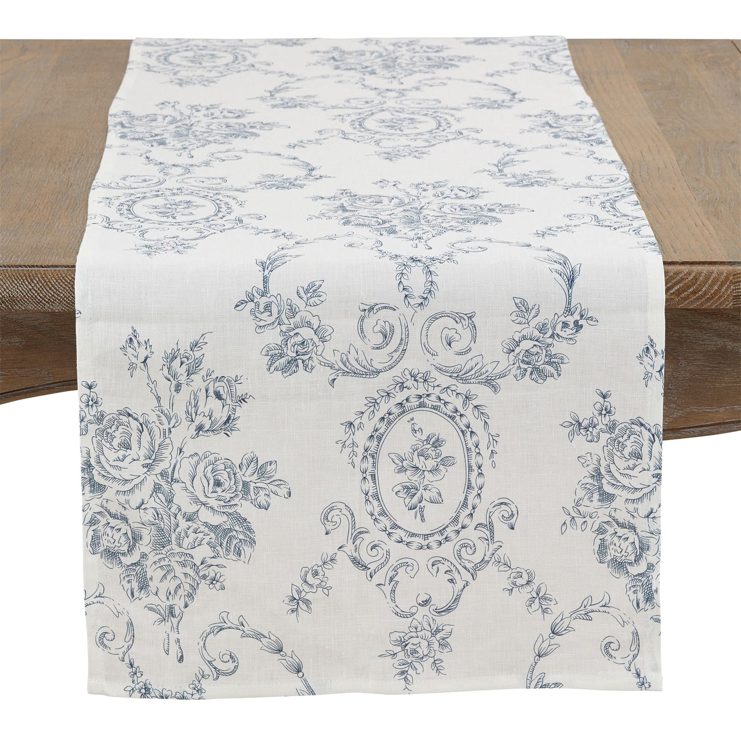 Everyday / All Season Indigo Blue Toile Floral Table Runner, 55% linen - 45% cotton