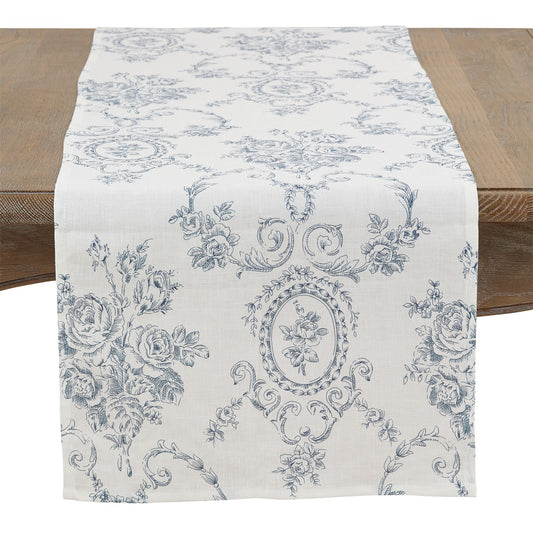 Everyday / All Season Indigo Blue Toile Floral Table Runner, 55% linen - 45% cotton