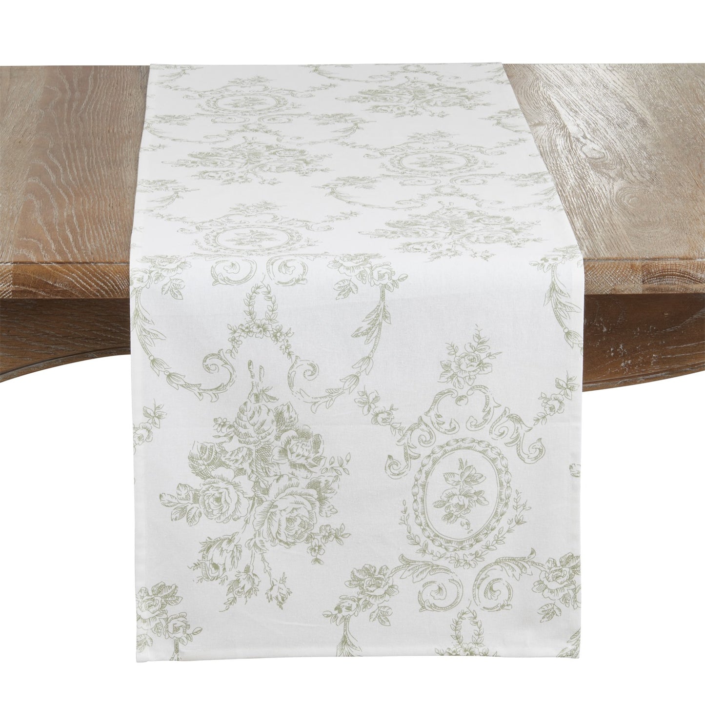 Everyday / All Season Olive Toile Floral Table Runner, 55% linen - 45% cotton
