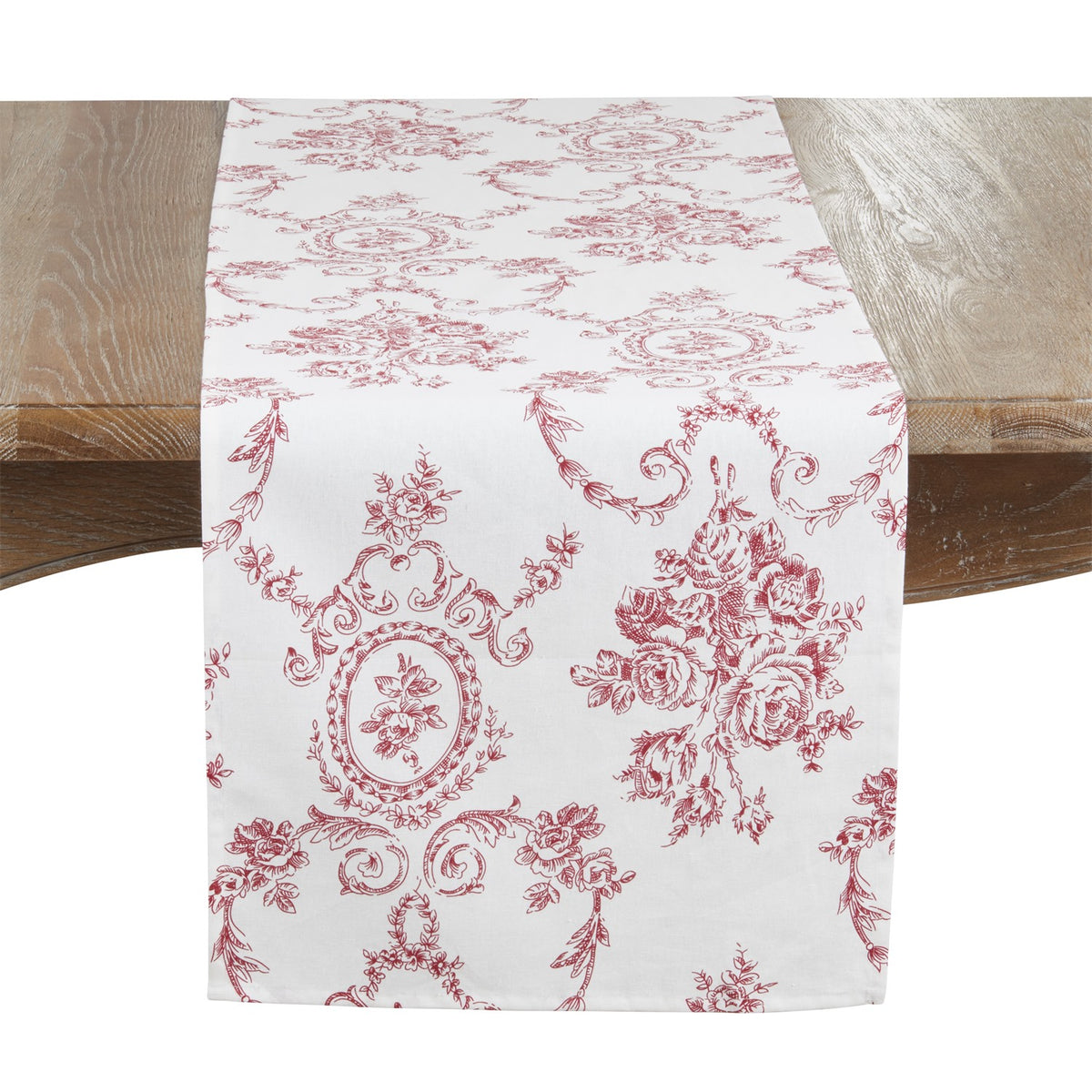 Everyday / All Season Red Toile Floral Table Runner, 55% linen - 45% cotton