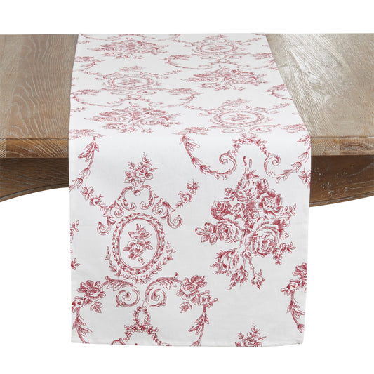 Everyday / All Season Red Toile Floral Table Runner, 55% linen - 45% cotton