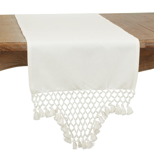 Everyday / All Season White Braided Tassel Table Runner, 100% cotton