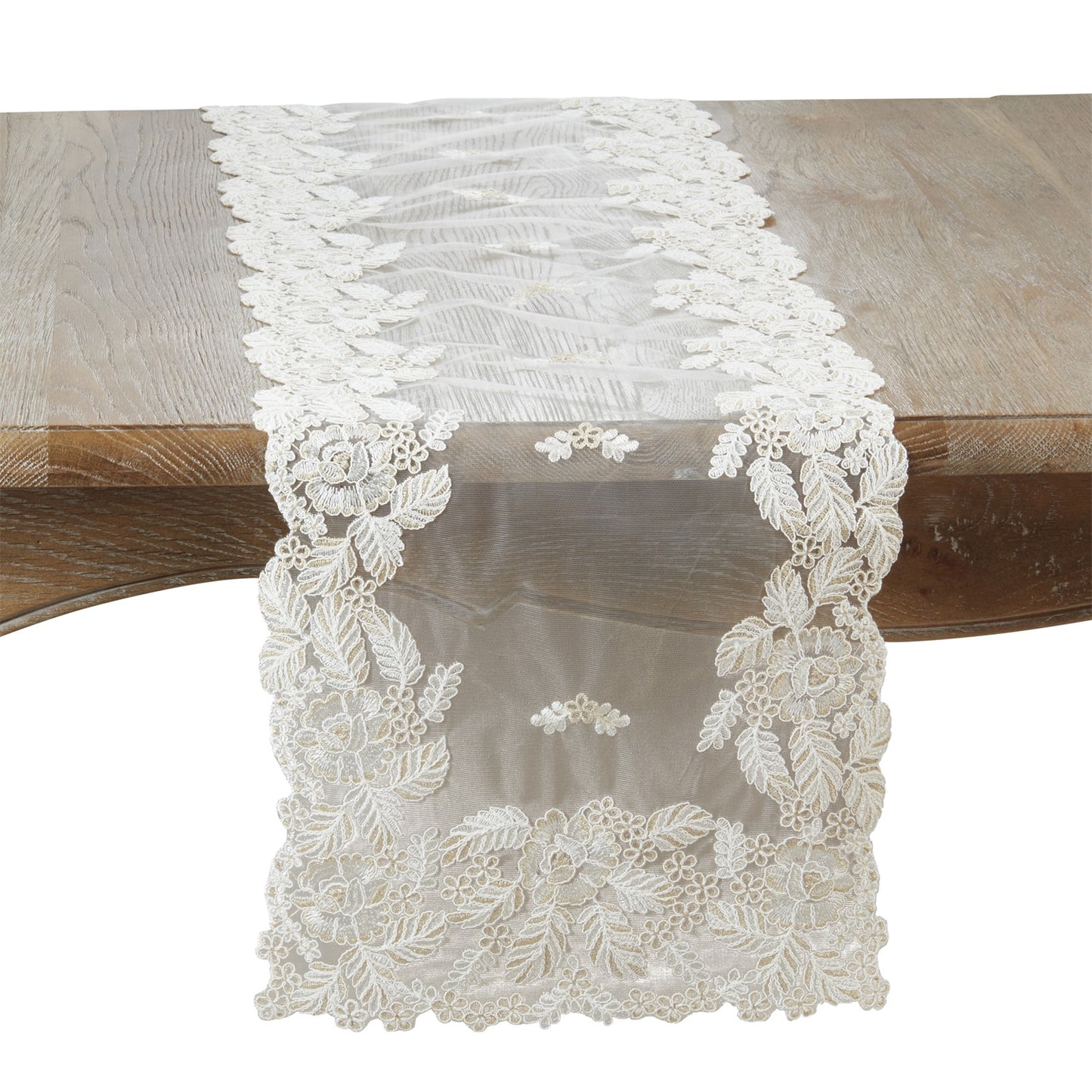 Everyday / All Season Ivory Off-White Embroidered Net Table Runner, 100% Polyester