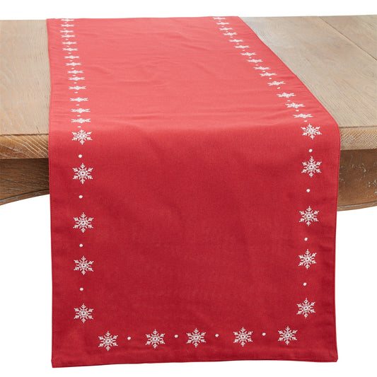 Christmas Red Embroidered Snowflake Table Runner, 100% cotton