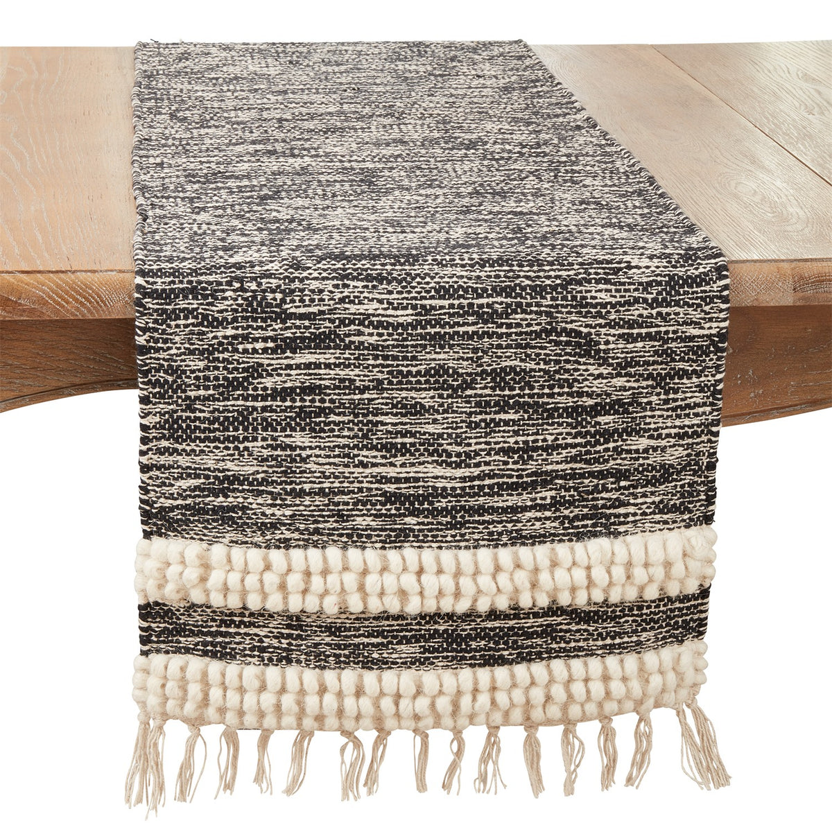 Everyday / All Season Black Pom Pom Stripe Table Runner, 90% cotton - 10% wool