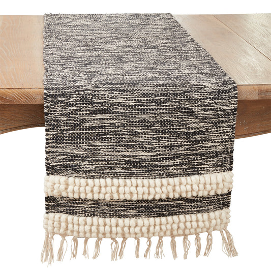 Everyday / All Season Black Pom Pom Stripe Table Runner, 90% cotton - 10% wool